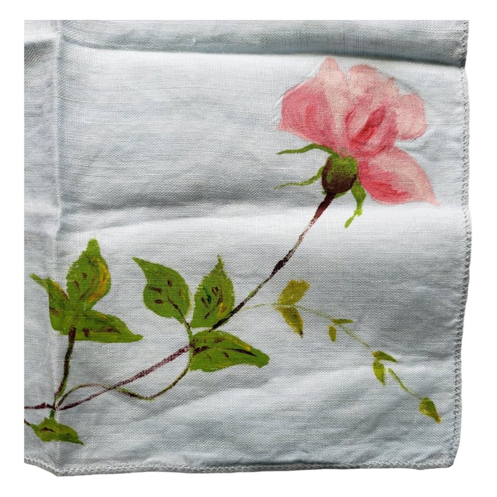 Vtg Ladies Handkerchief /Hankies Light Blue Linen with hand painted Pink Roses - Picture 4 of 7
